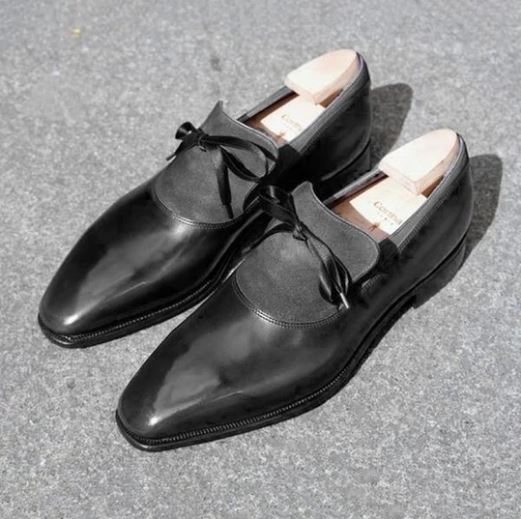 Handmade Men's Black Gray Moccasin Business Shoes, Real Leather Suede Shoes