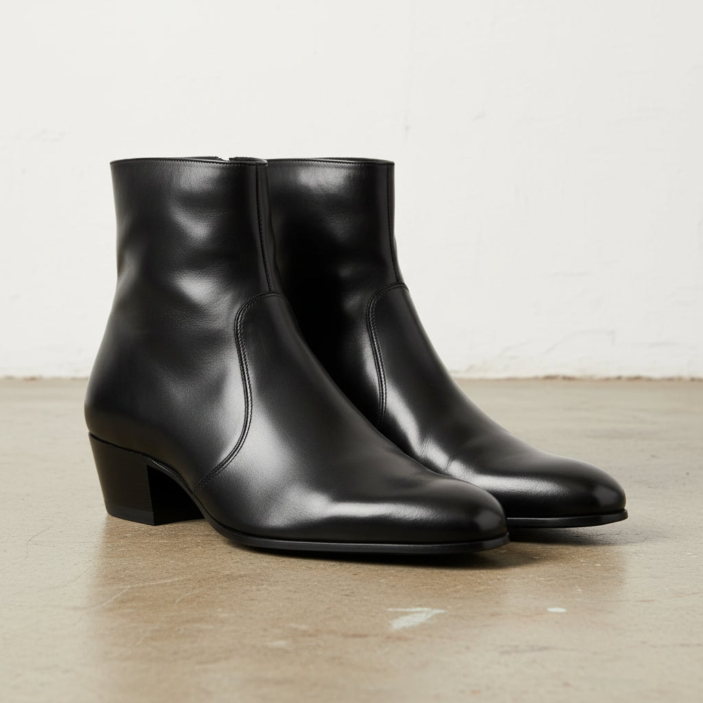 Handmade Mens Black high heel zipper boot, Mens black leather dress boots - angle-view-showing-depth