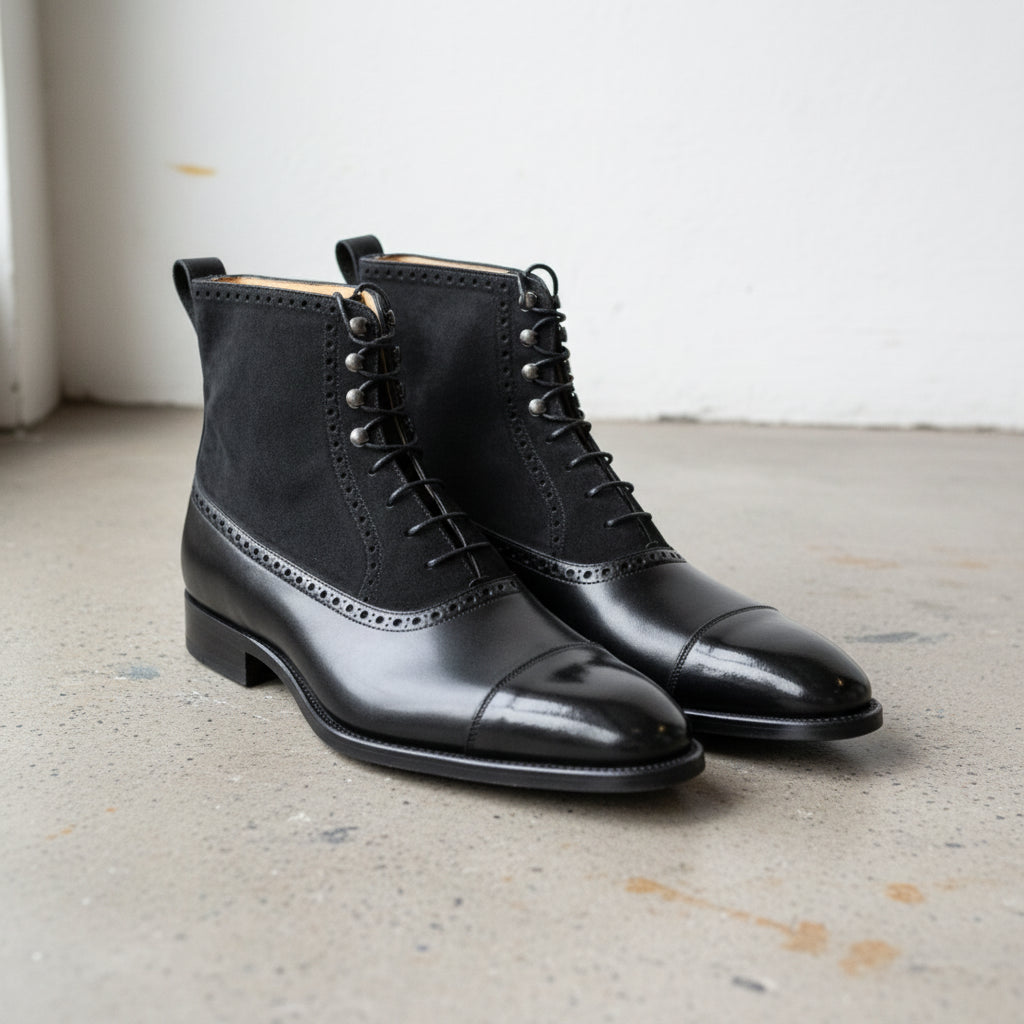 Handmade Mens Black Lace up Dress Boots, Real Leather & Suede Office