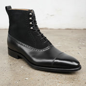 Handmade Mens Black Lace up Dress Boots, Real Leather & Suede Office Boots - detail-view-showing-texture