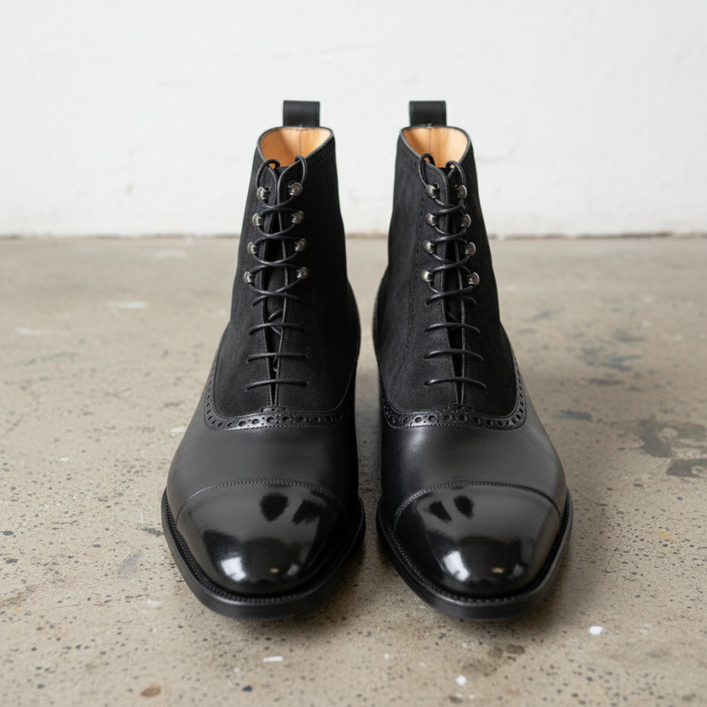 Handmade Mens Black Lace up Dress Boots, Real Leather & Suede Office Boots - front-view