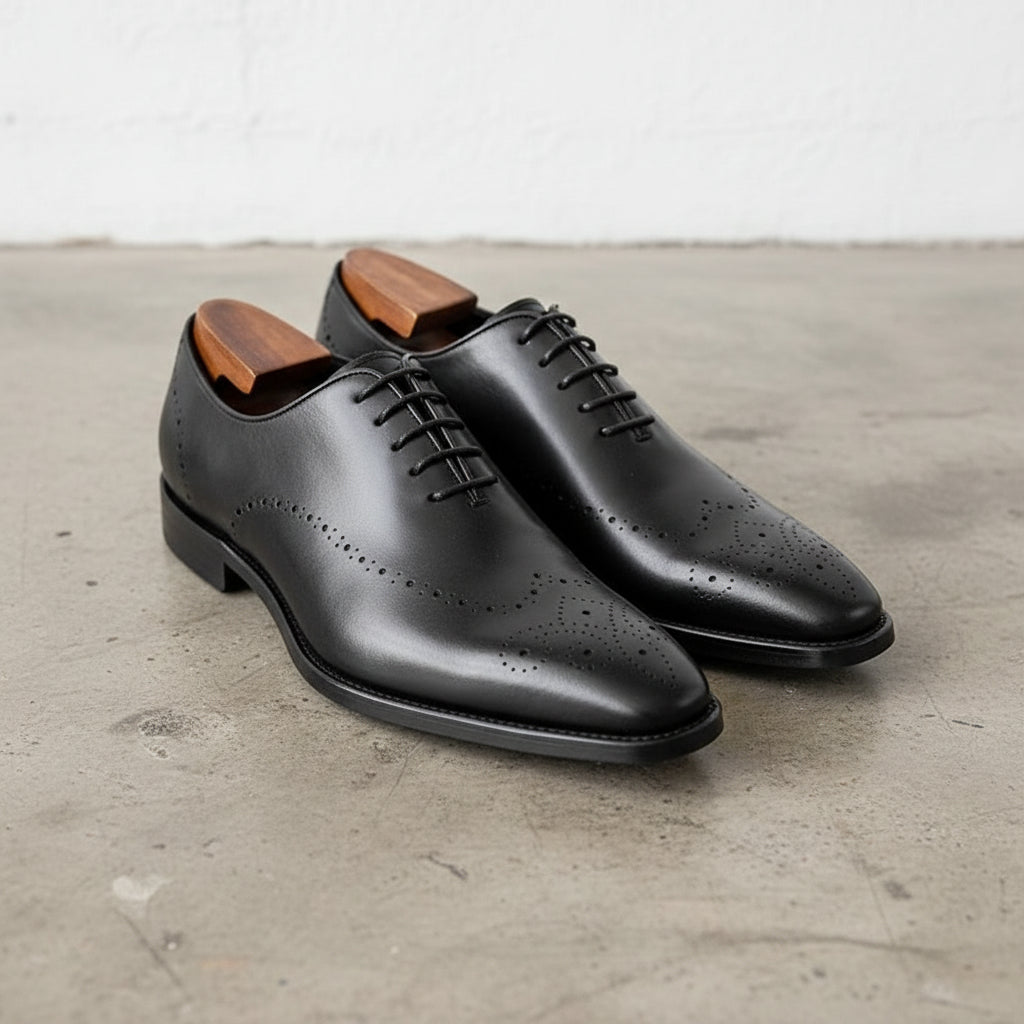 Handmade Mens Black lace up dress shoes, Men elegant leather brogue shoes - angle-view-showing-depth