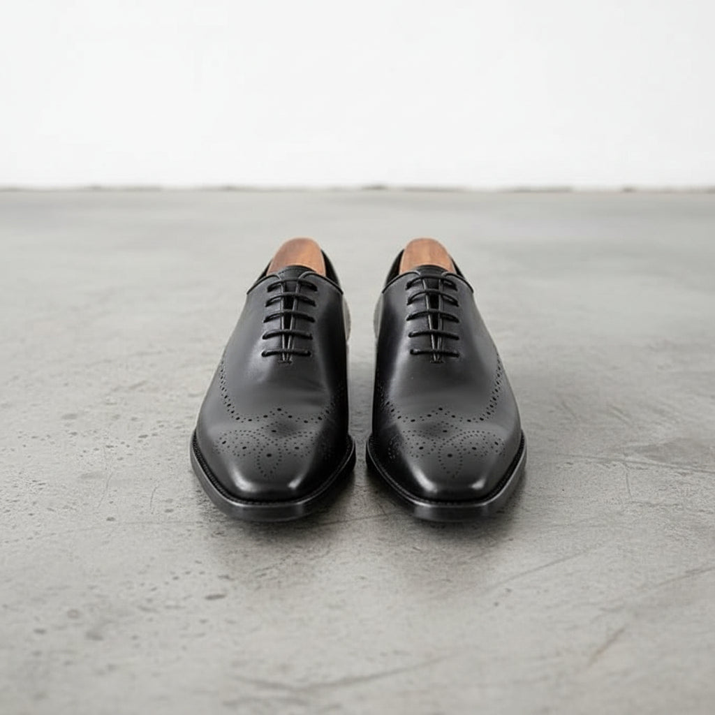 Handmade Mens Black lace up dress shoes, Men elegant leather brogue shoes - front-view