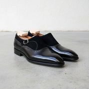 Handmade Mens Black Leather and Suede formal monk shoes, Men black Shoes - 3-4-right-view