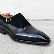 Handmade Mens Black Leather and Suede formal monk shoes, Men black Shoes - detail-view-showing-texture