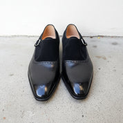 Handmade Mens Black Leather and Suede formal monk shoes, Men black Shoes - front-view