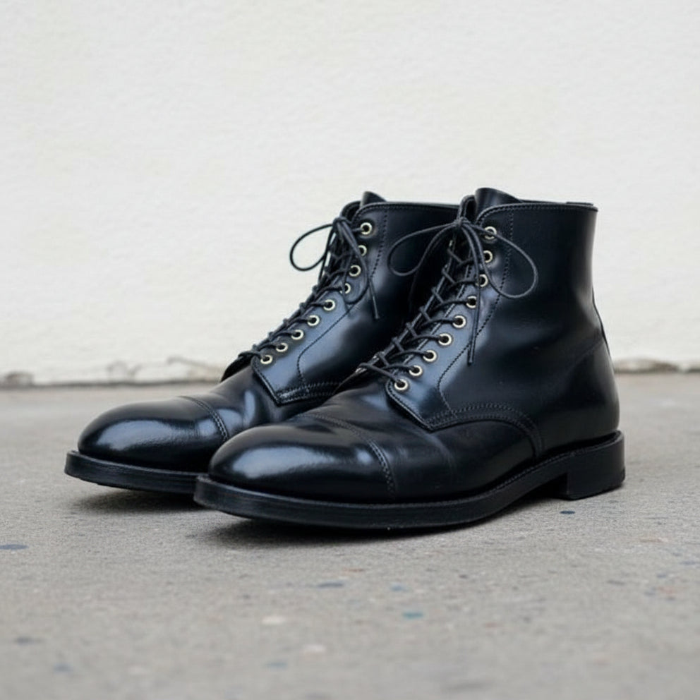 Handmade Mens Black Leather Cap toe Boots, Men black leather dress boots - angle-view-showing-depth