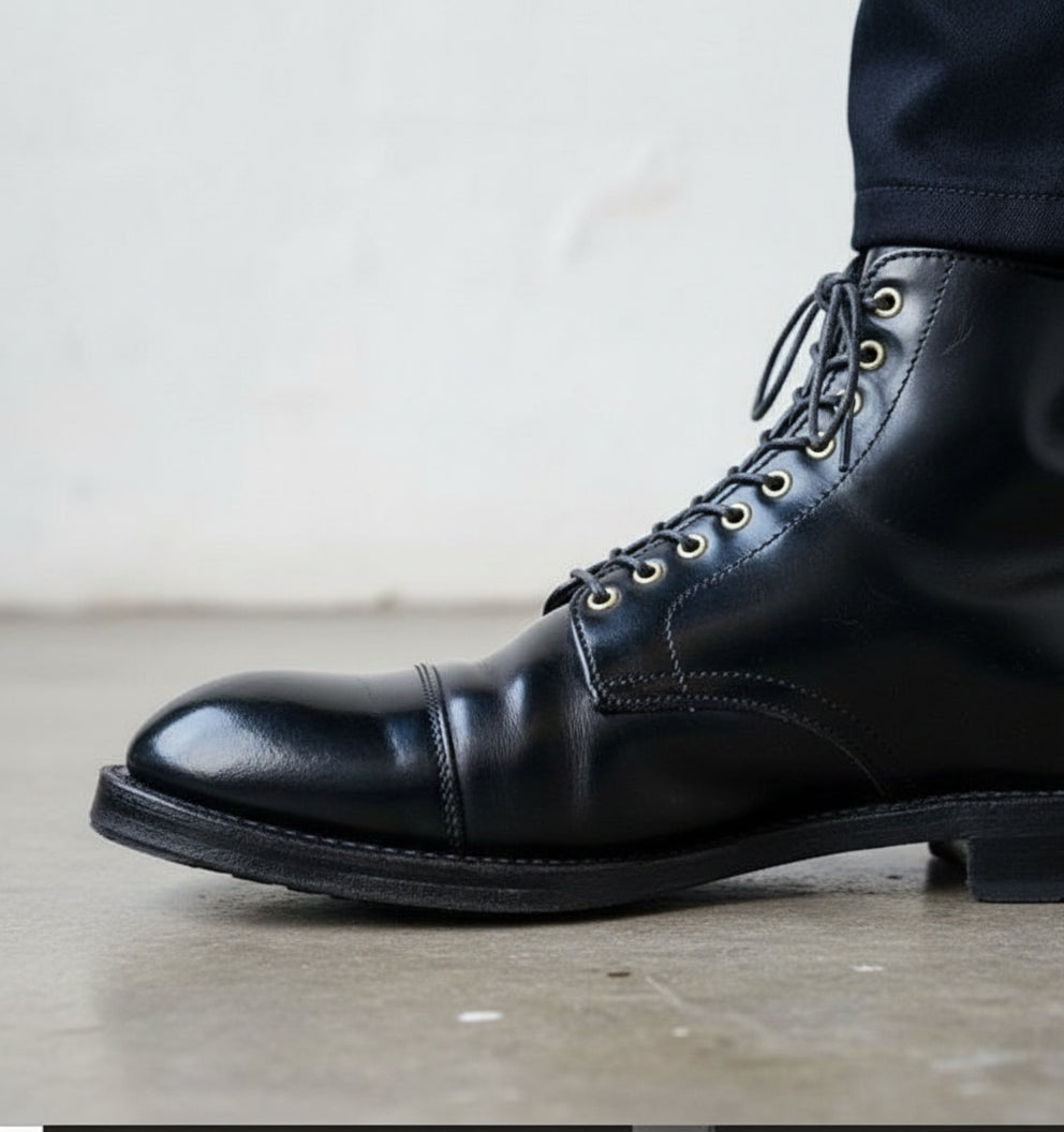 Handmade Mens Black Leather Cap toe Boots, Men black leather dress boots - detail-view-showing-texture
