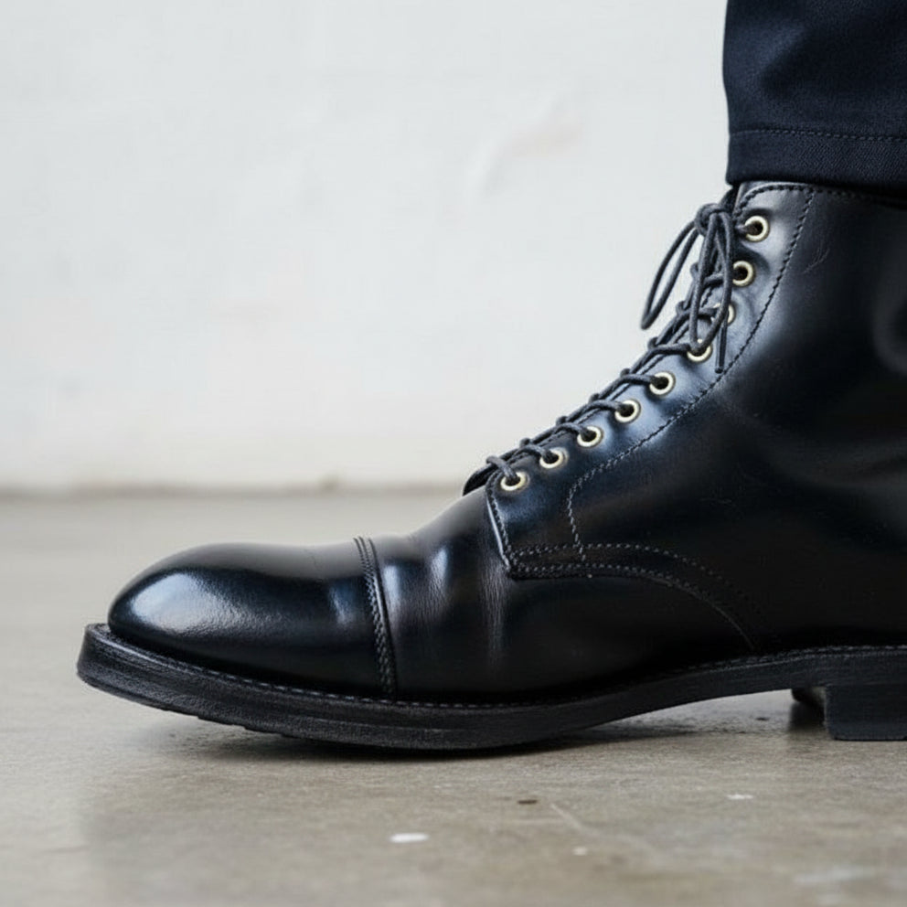 Handmade Mens Black Leather Cap toe Boots, Men black leather dress boots - detail-view-showing-texture