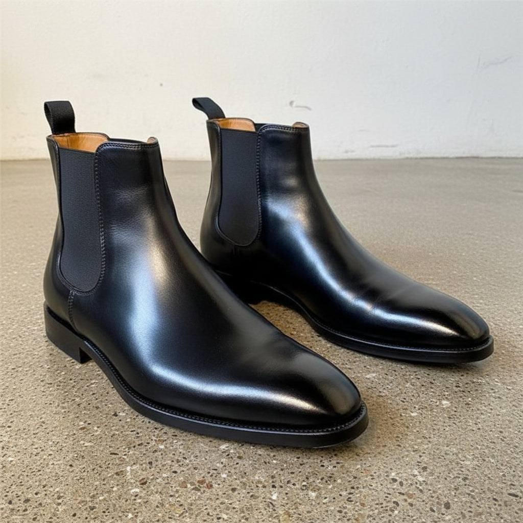 Handmade Mens black leather chelsea boots, Made to order dress boots - angle-view-showing-depth