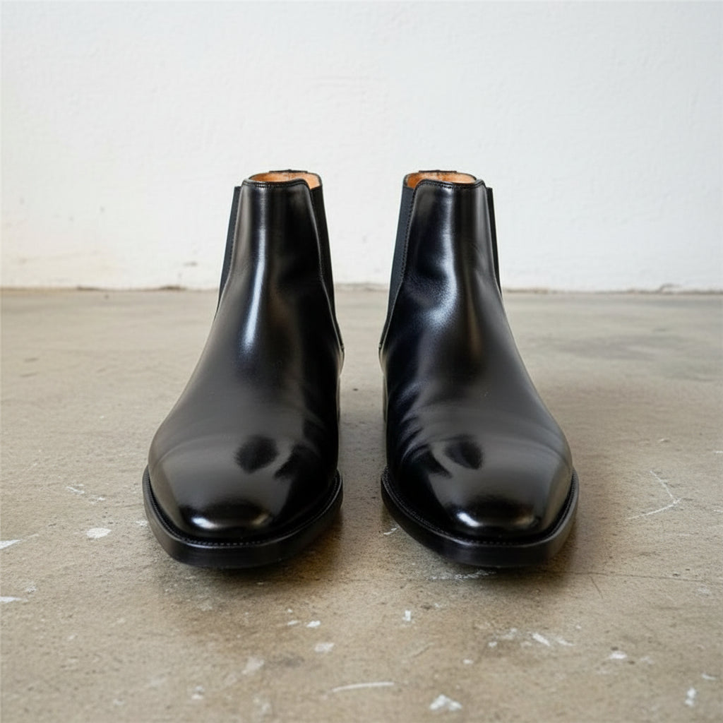 Handmade Mens black leather chelsea boots, Made to order dress boots - front-view