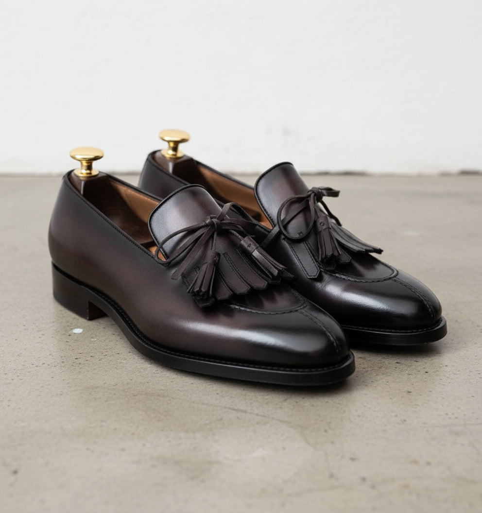 Handmade Mens black Leather fringe dress shoes moccasins, Shoes for men - 3-4-right-view