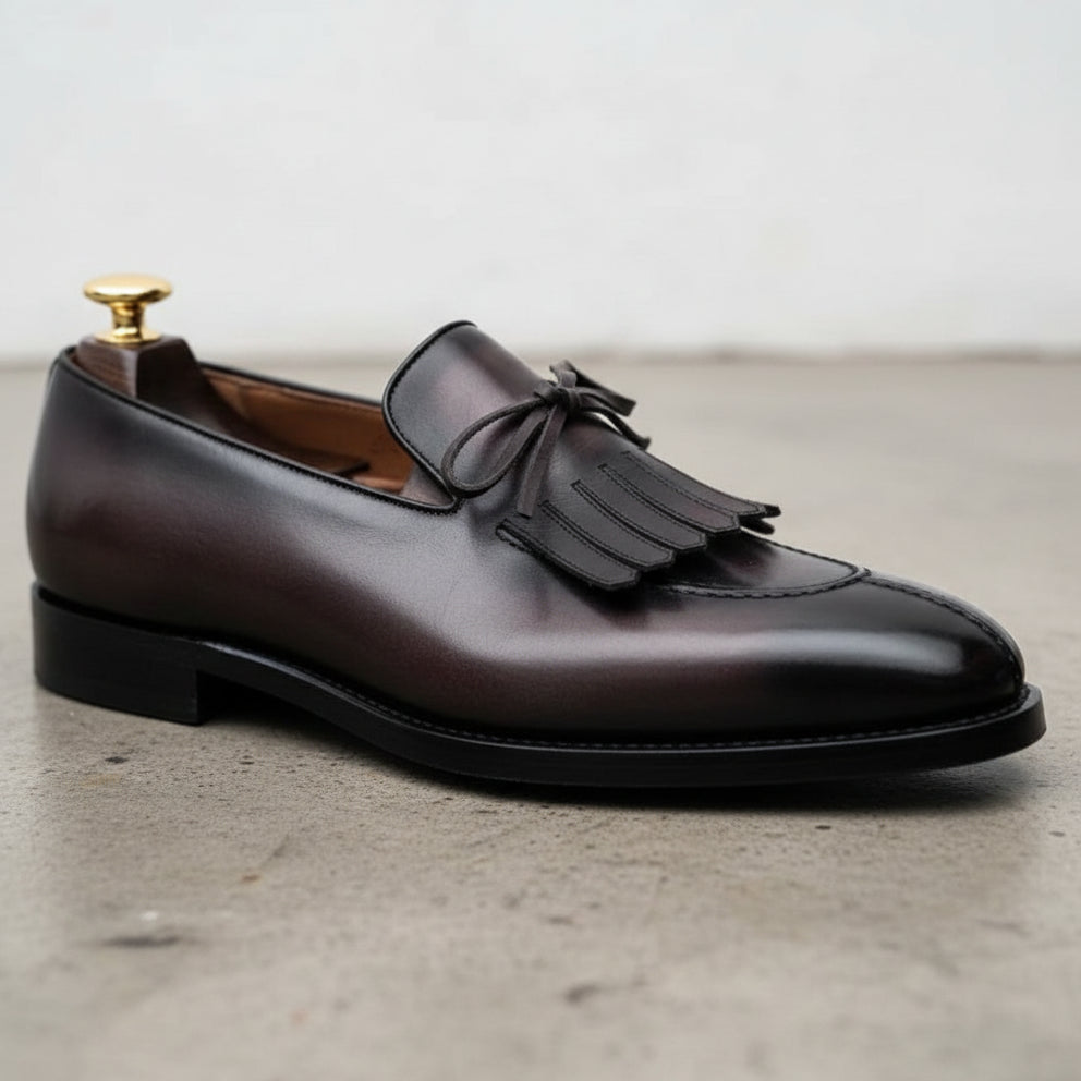 Handmade Mens black Leather fringe dress shoes moccasins, Shoes for men - detail-view-showing-texture