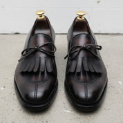 Handmade Mens black Leather fringe dress shoes moccasins, Shoes for men - front-view