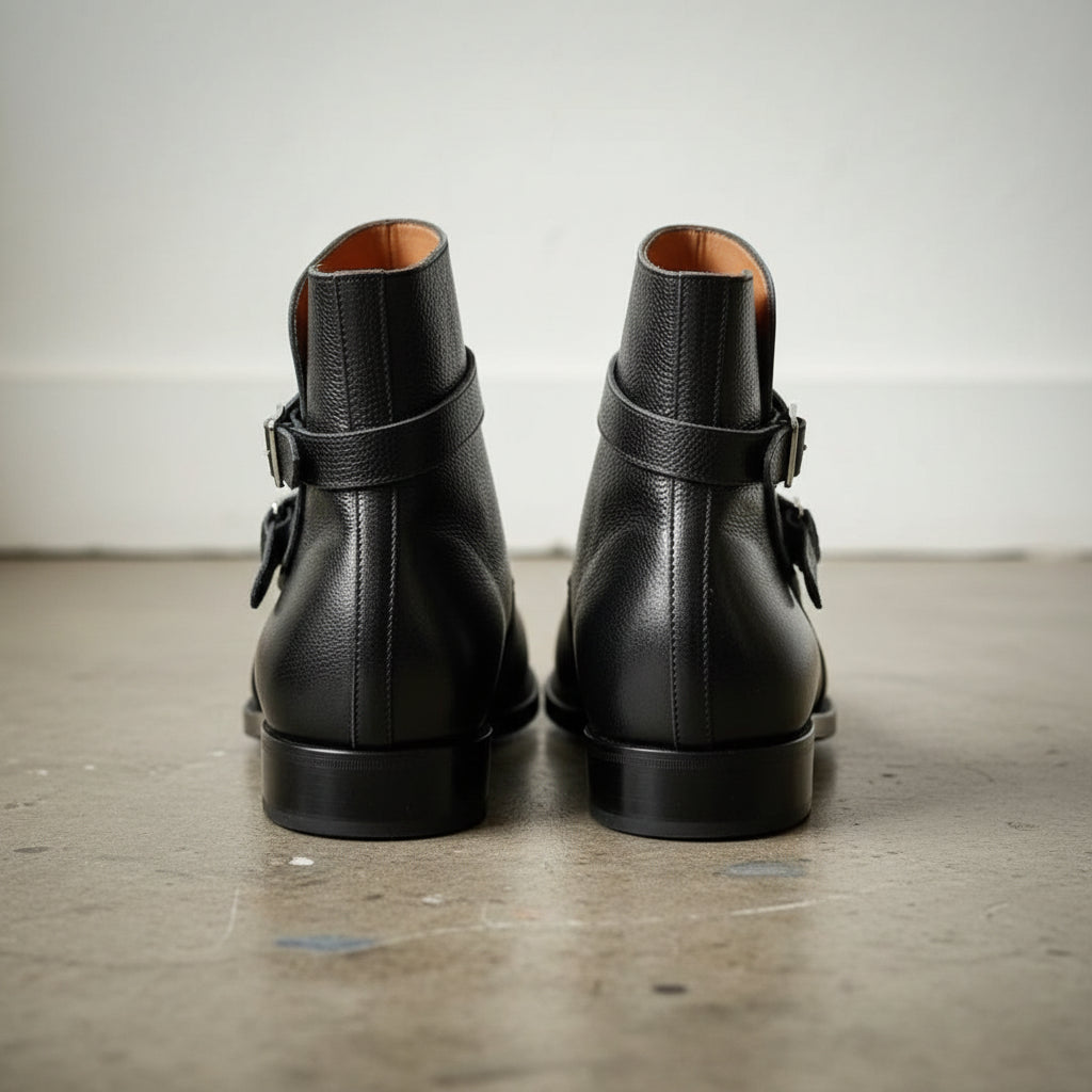 Handmade Mens Black Leather Jodhpurs boots, Men black monk strap ankle boot - back-view