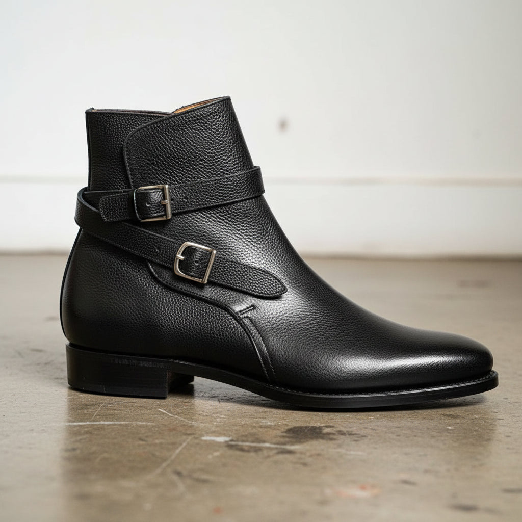Handmade Mens Black Leather Jodhpurs boots, Men black monk strap ankle boot - detail-view-showing-texture