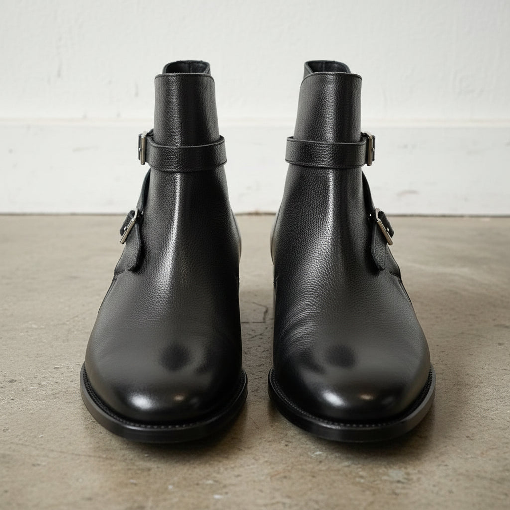 Handmade Mens Black Leather Jodhpurs boots, Men black monk strap ankle boot - front-view