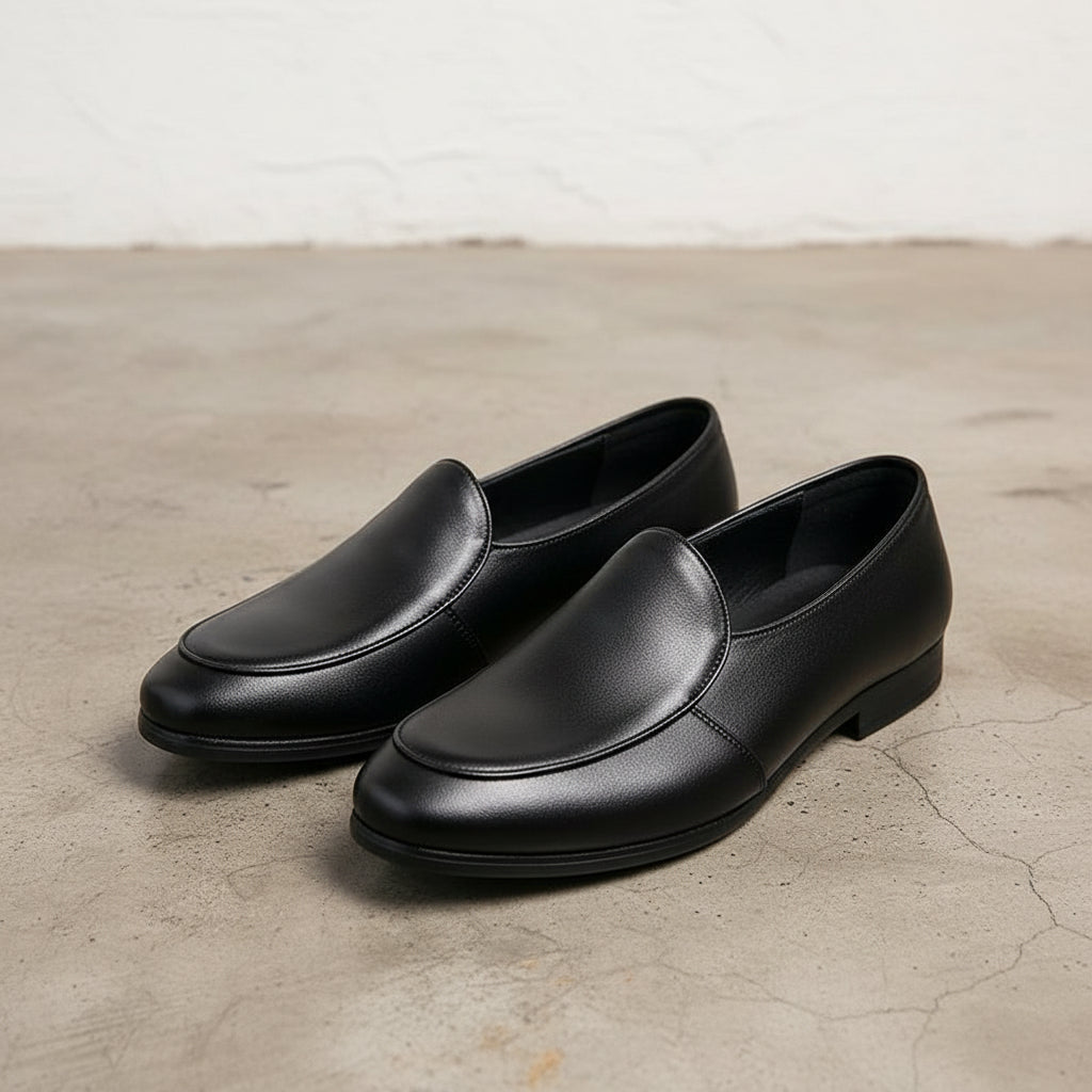 Handmade Mens black leather loafer moccasins, Mens dress leather shoes - angle-view-showing-depth