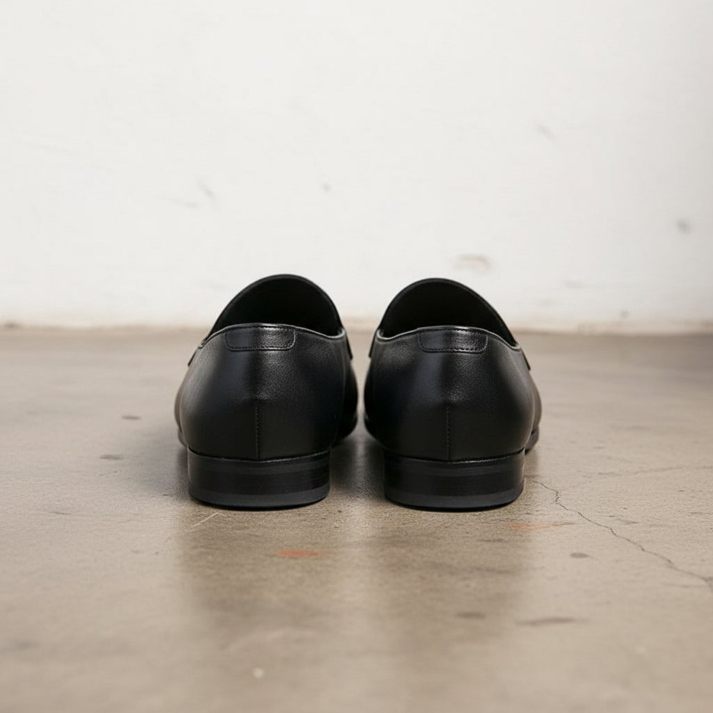 Handmade Mens black leather loafer moccasins, Mens dress leather shoes - back-view