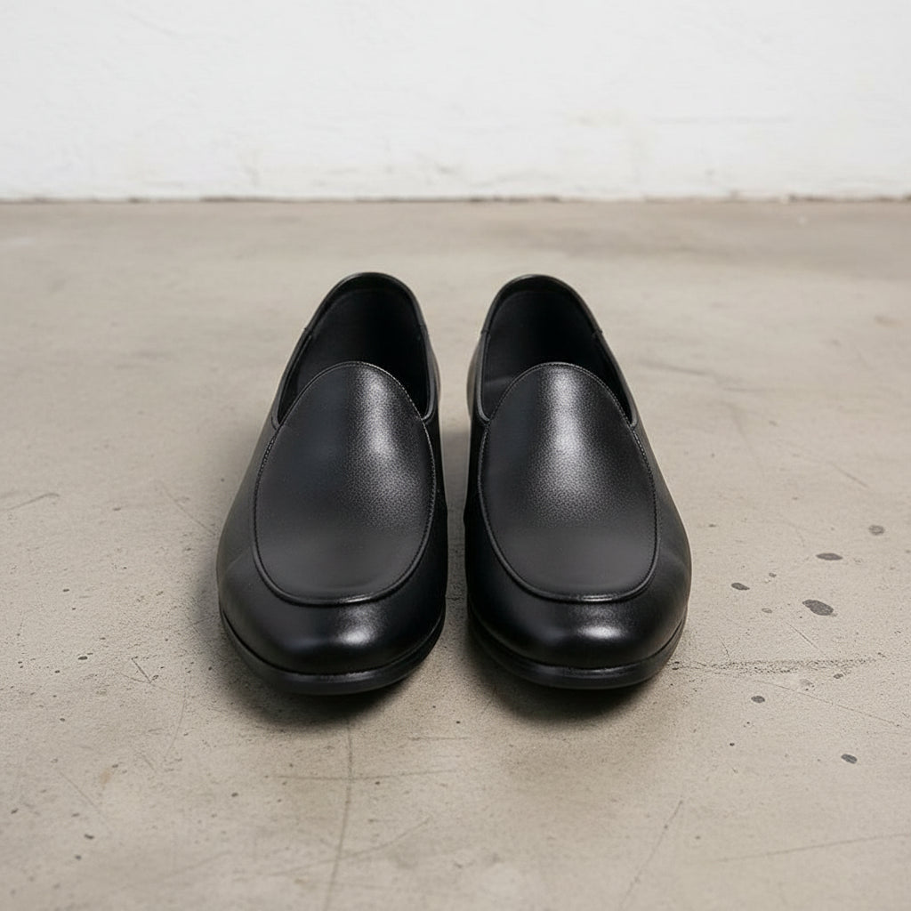 Handmade Mens black leather loafer moccasins, Mens dress leather shoes - front-view