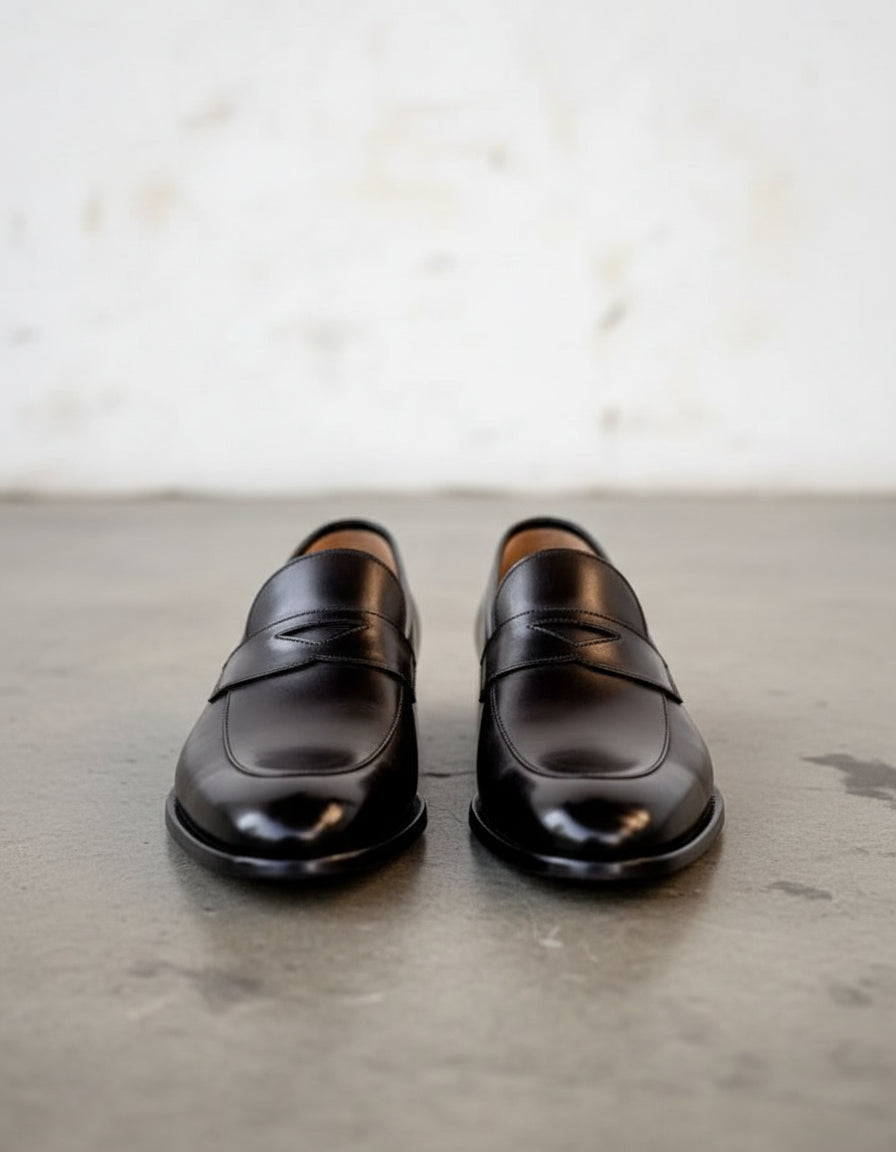 Handmade Mens black leather loafer moccasins, Mens leather slip ons shoes - front-view