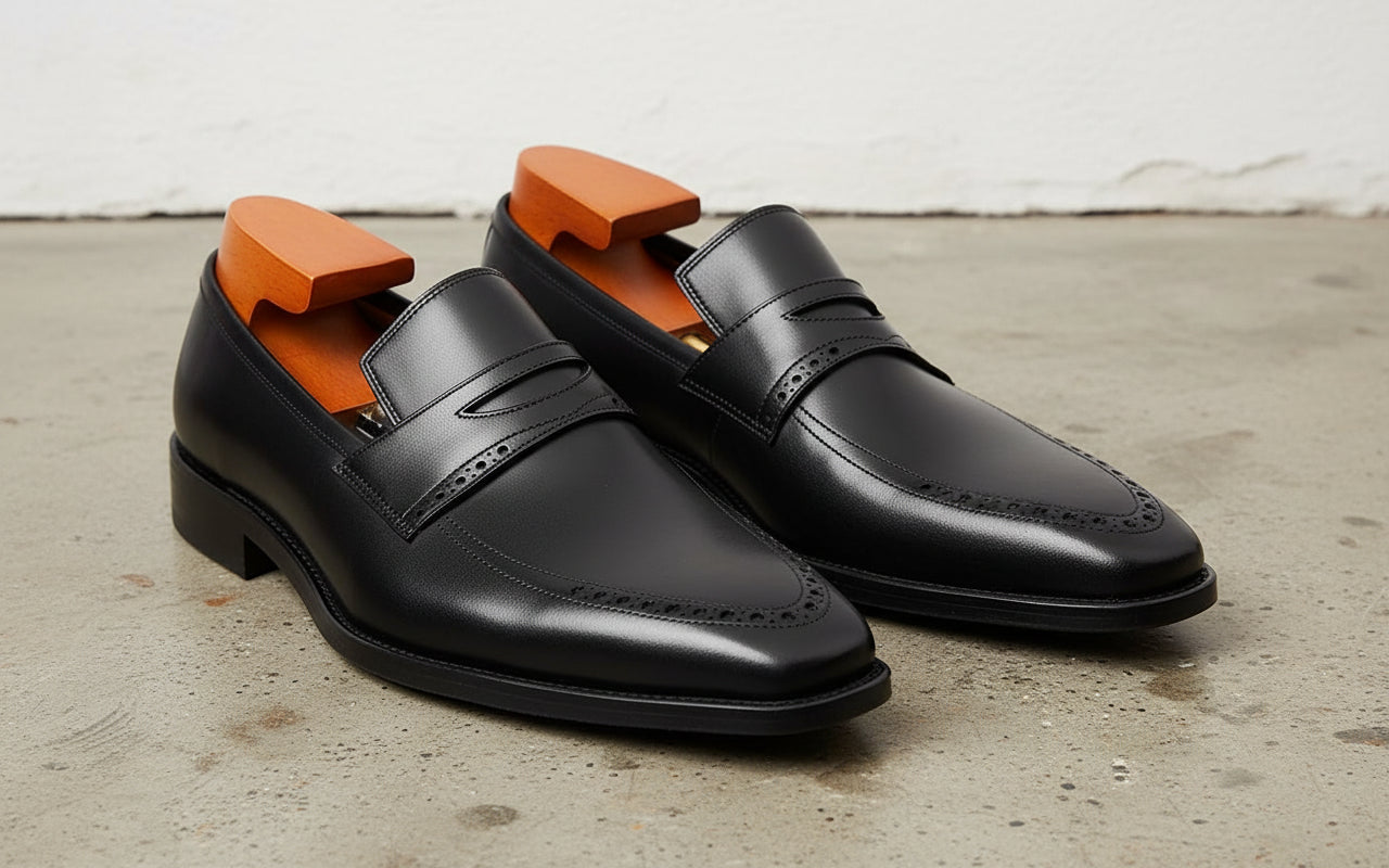 Handmade Mens Black leather moccasins, Black dress shoes for mens - angle-view-showing-depth