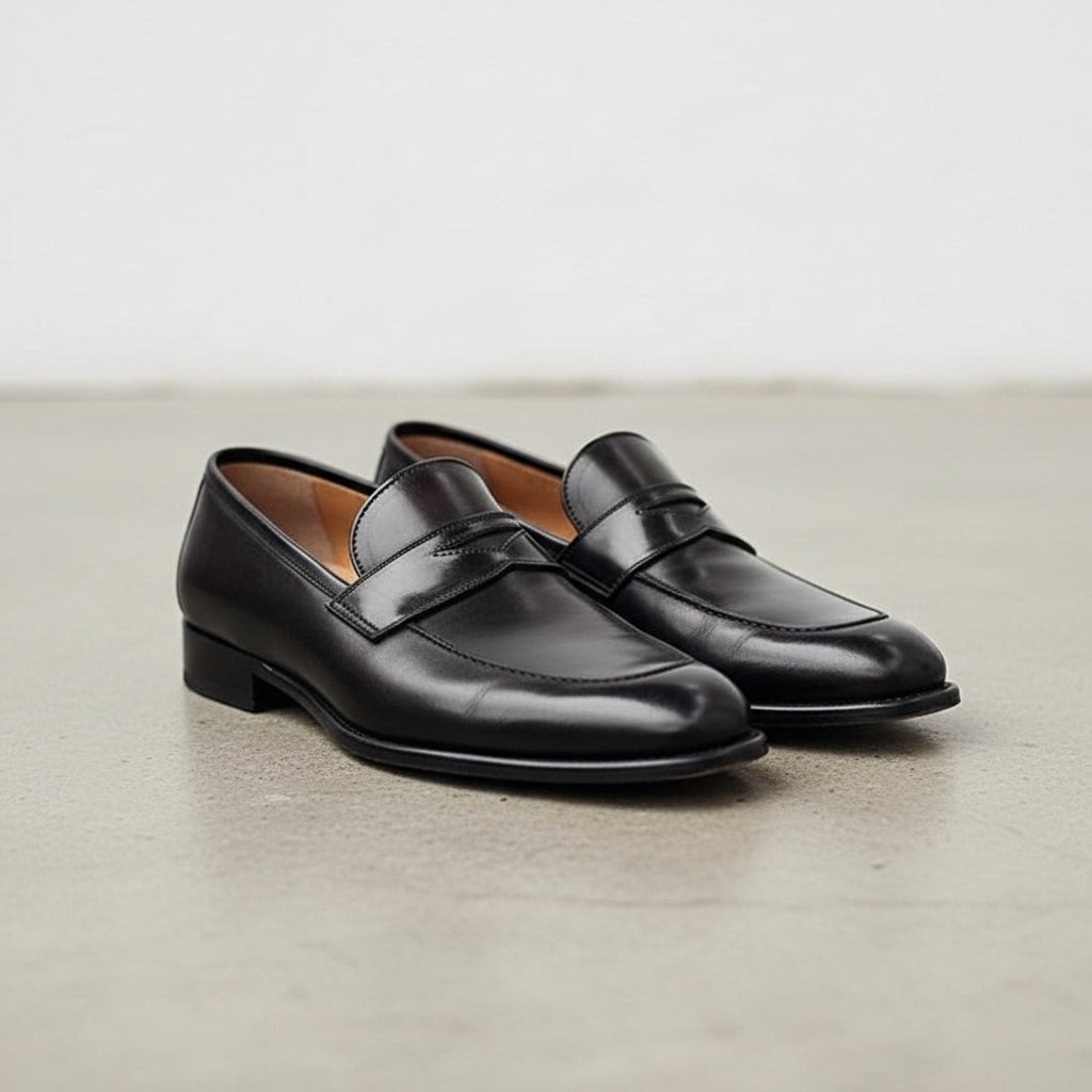 Handmade Mens black leather moccasins, Men leather casual shoes - angle-view-showing-depth