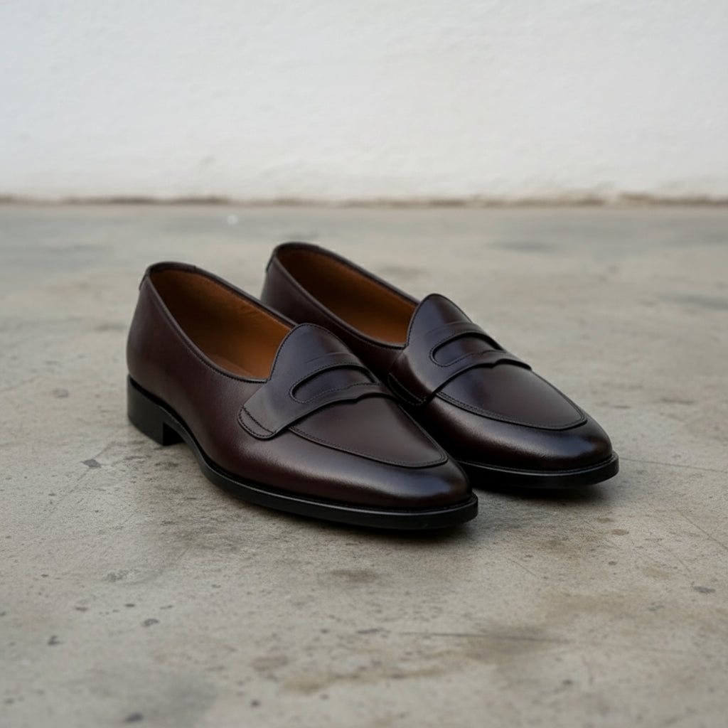 Handmade Mens Black Leather Moccasins Shoes, Men Leather penny Loafer - angle-view-showing-depth