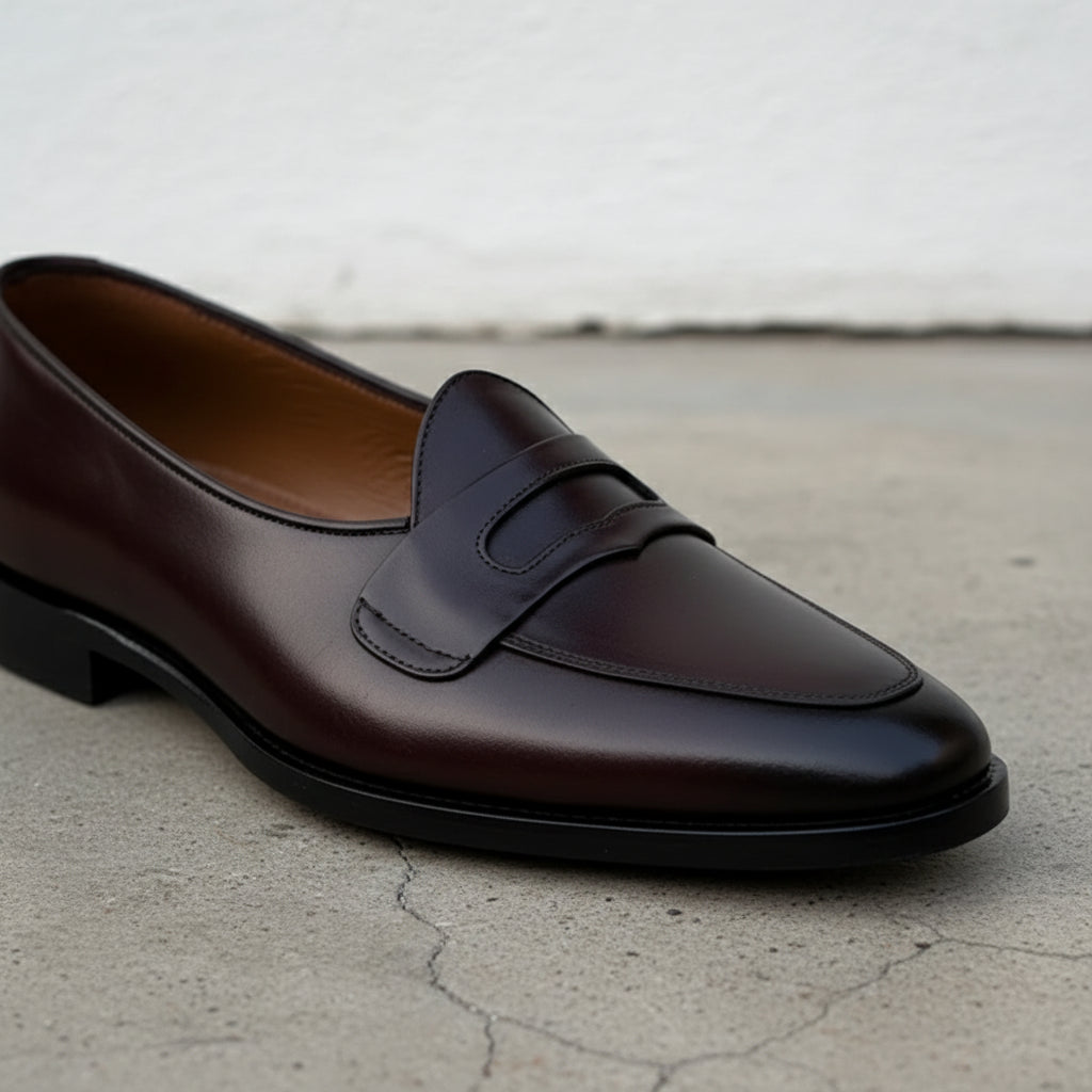 Handmade Mens Black Leather Moccasins Shoes, Men Leather penny Loafer - detail-view-showing-texture