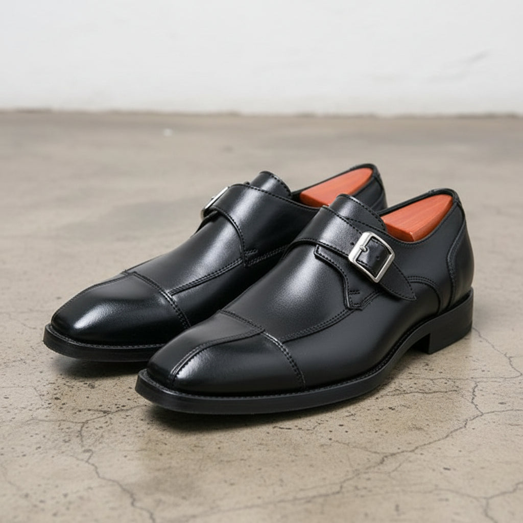 Handmade Mens black leather monk shoes, black Mens buckle dress shoes - 3-4-right-view
