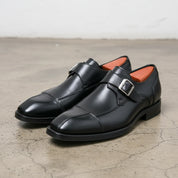 Handmade Mens black leather monk shoes, black Mens buckle dress shoes - 3-4-right-view
