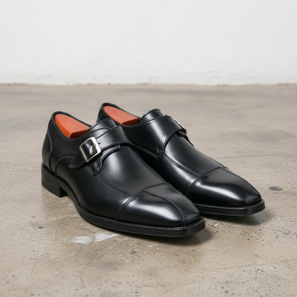Handmade Mens black leather monk shoes, black Mens buckle dress shoes - angle-view-showing-depth
