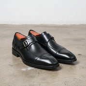 Handmade Mens black leather monk shoes, black Mens buckle dress shoes - angle-view-showing-depth
