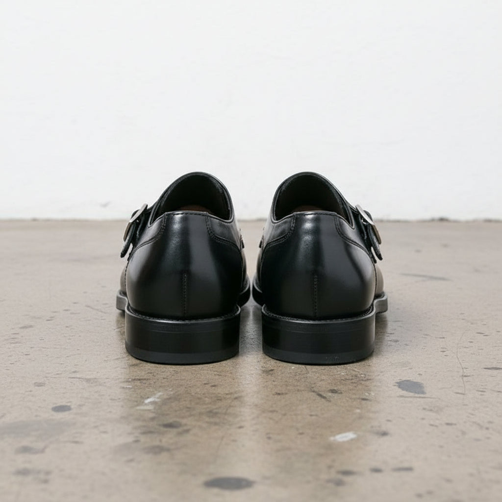 Handmade Mens black leather monk shoes, black Mens buckle dress shoes - back-view