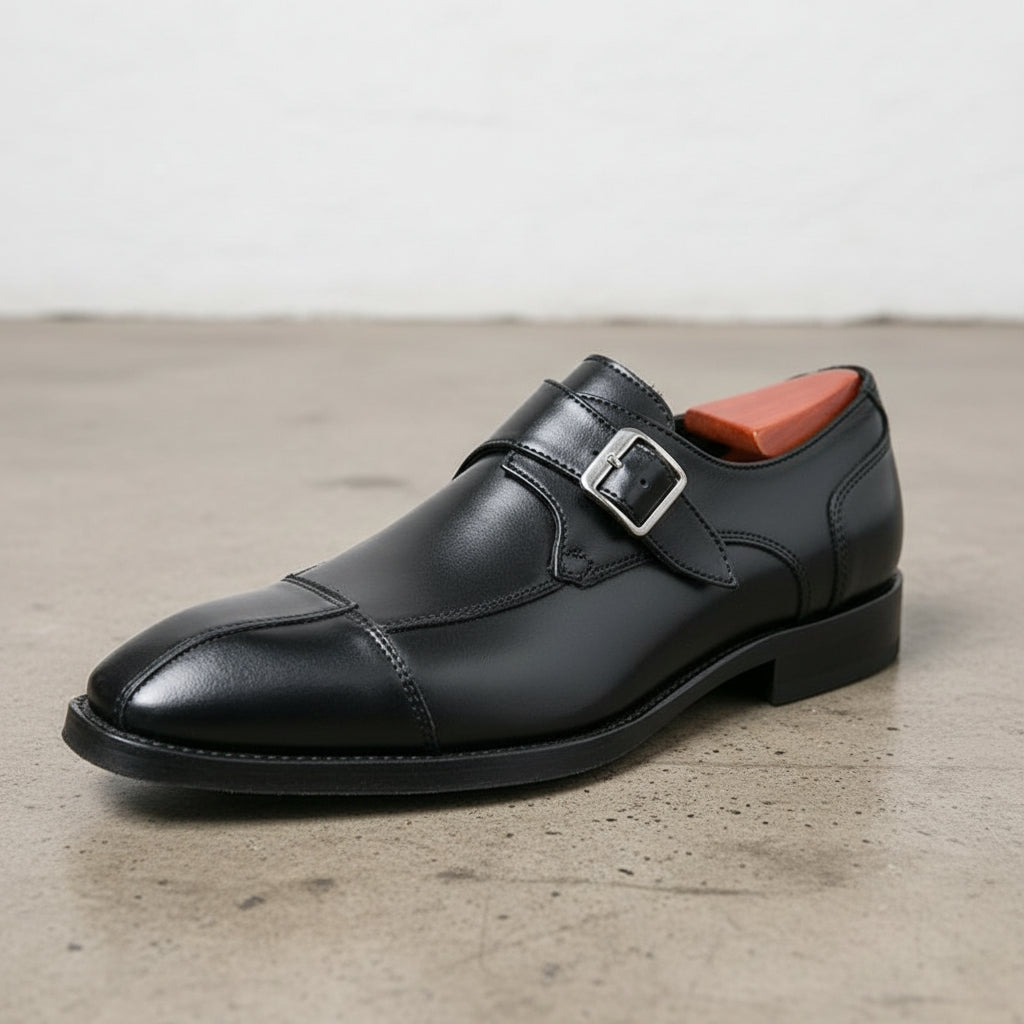 Handmade Mens black leather monk shoes, black Mens buckle dress shoes - detail-view-showing-texture