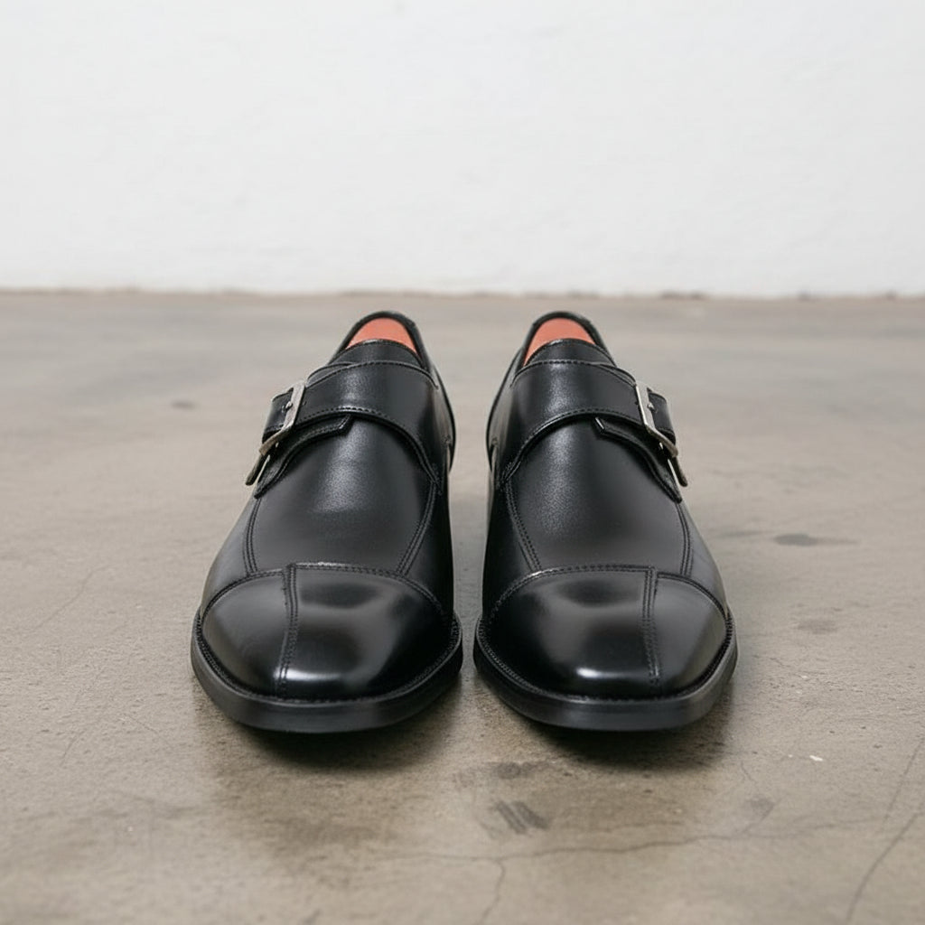 Handmade Mens black leather monk shoes, black Mens buckle dress shoes - front-view