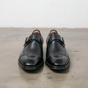 Handmade Mens black leather monk shoes, black Mens buckle dress shoes - front-view