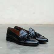 Handmade Mens Black Leather Tassels fring shoes, Leather fringe Moccassins - angle-view-showing-depth