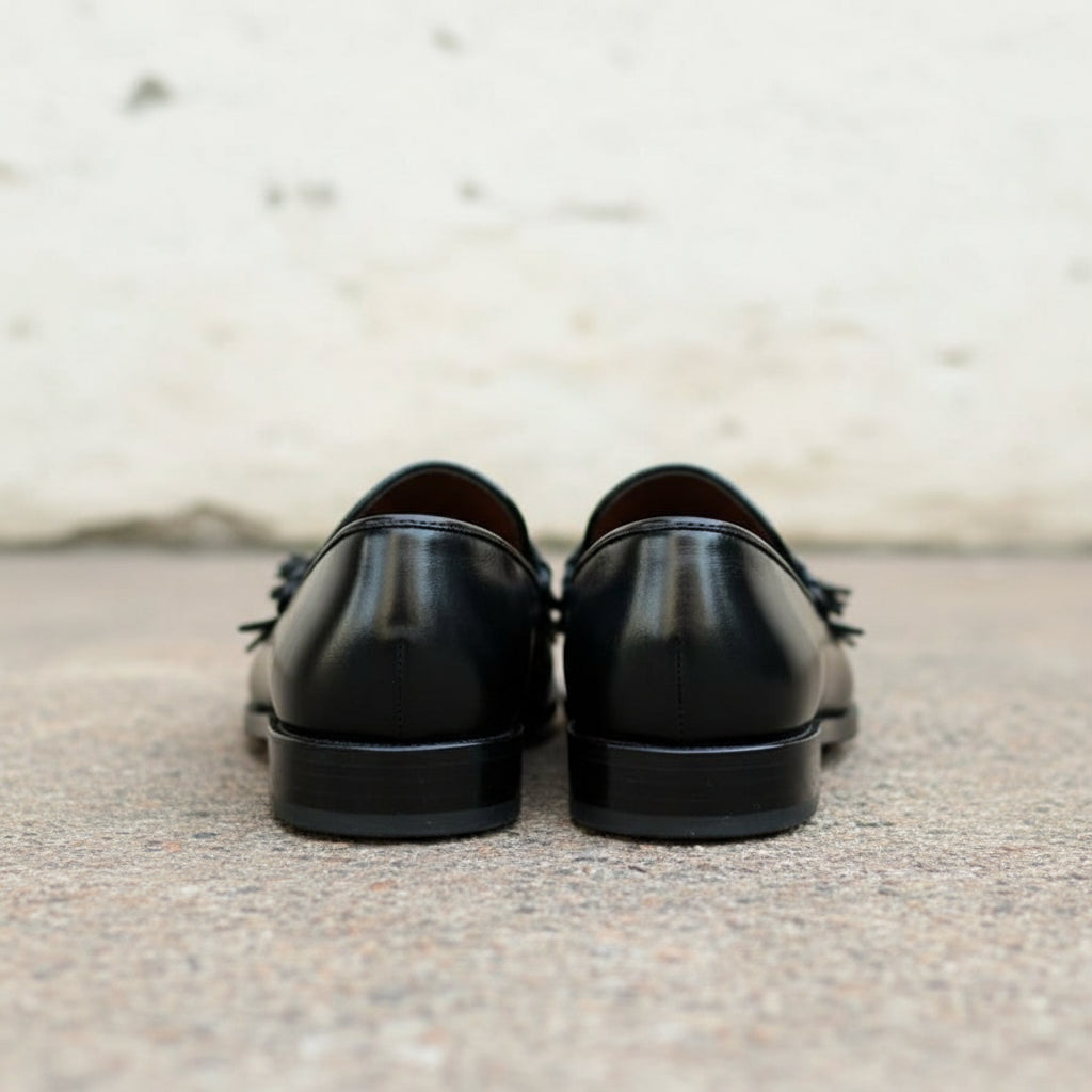 Handmade Mens Black Leather Tassels fring shoes, Leather fringe Moccassins - back-view