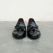 Handmade Mens Black Leather Tassels fring shoes, Leather fringe Moccassins - front-view