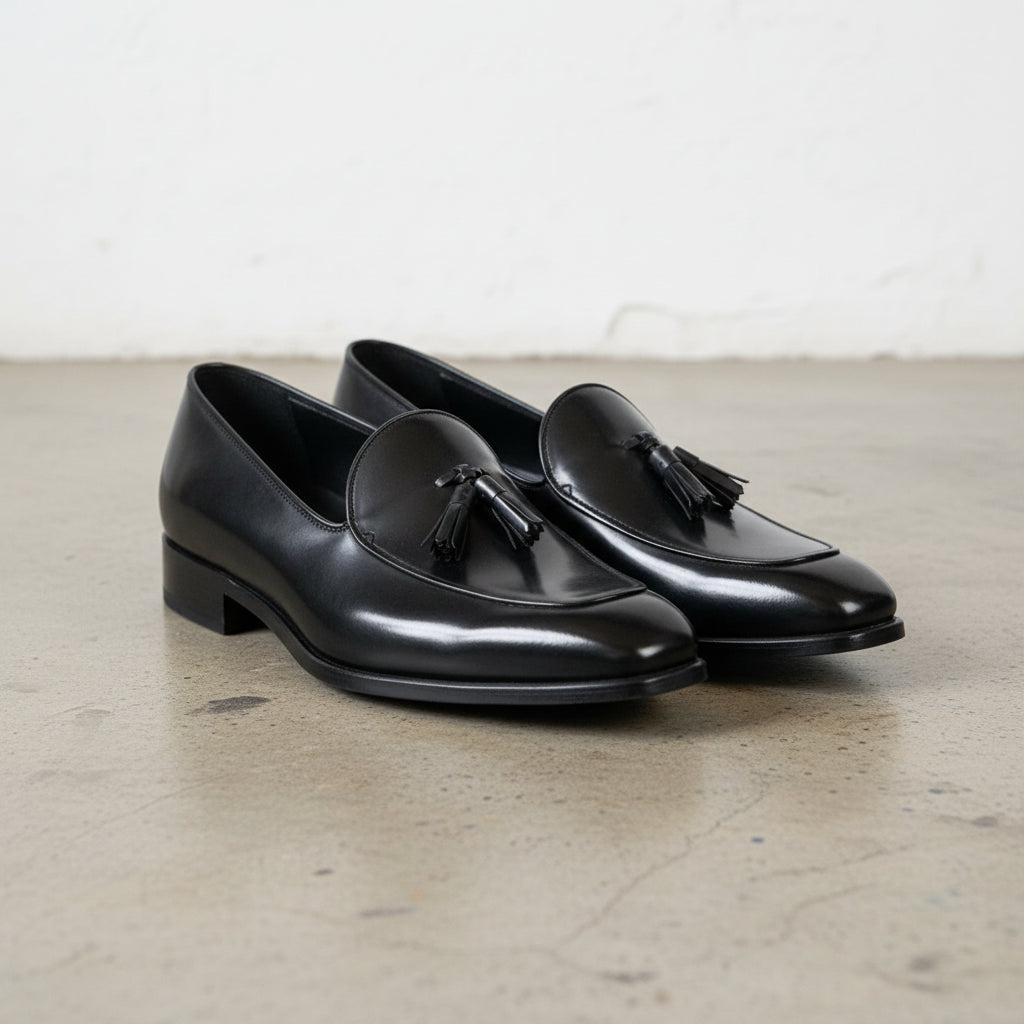 Handmade Mens black leather tsseled moccasins, Mens dress leather shoes - angle-view-showing-depth