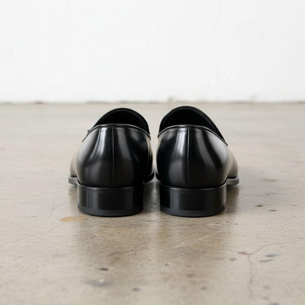 Handmade Mens black leather tsseled moccasins, Mens dress leather shoes - back-view