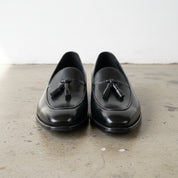 Handmade Mens black leather tsseled moccasins, Mens dress leather shoes - front-view