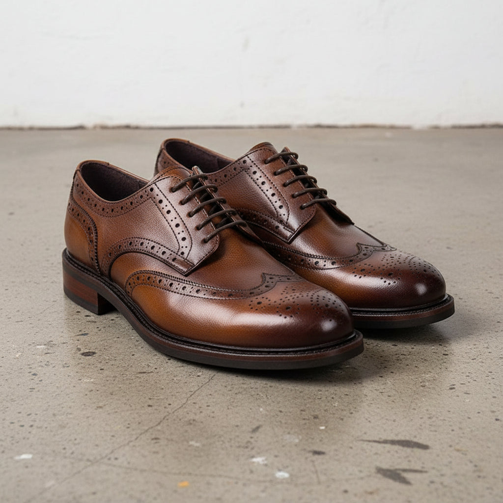 Handmade Men's Black Leather Wingtip Oxfords - angle-view-showing-depth