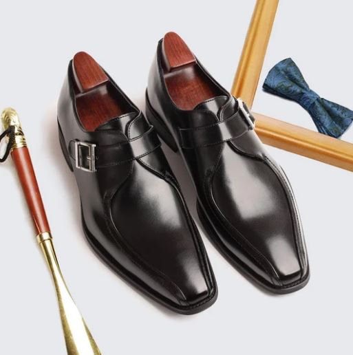 Handmade Men's Black Monk Strap Business Shoes, Real Office Leather Shoes