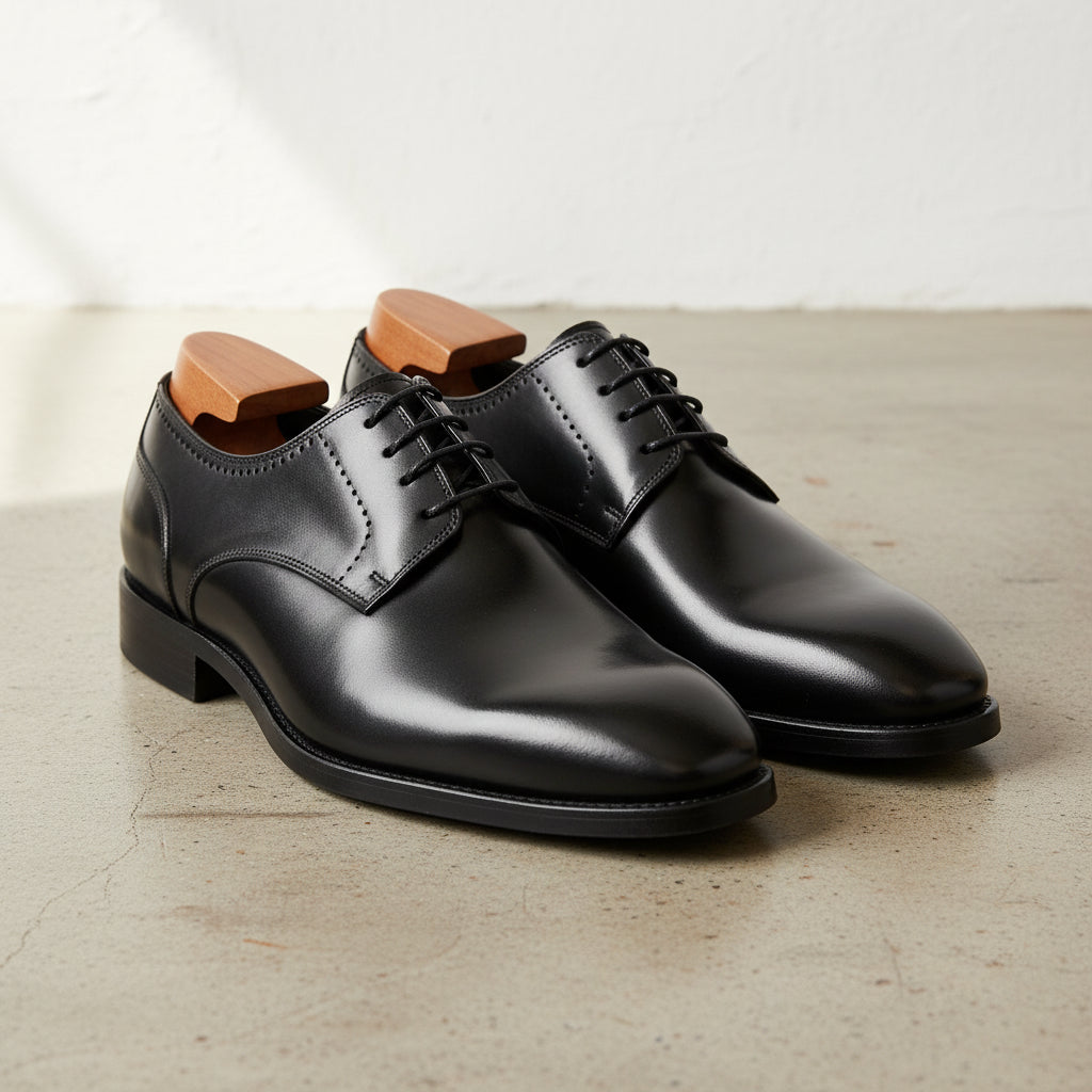 Handmade Mens black Oxford dress shoes, Men black leather derby shoes - angle-view-showing-depth