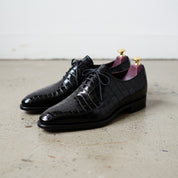 Handmade Mens Black Oxfords dress shoes, Black Crocodile Patterned shoes - 3-4-right-view