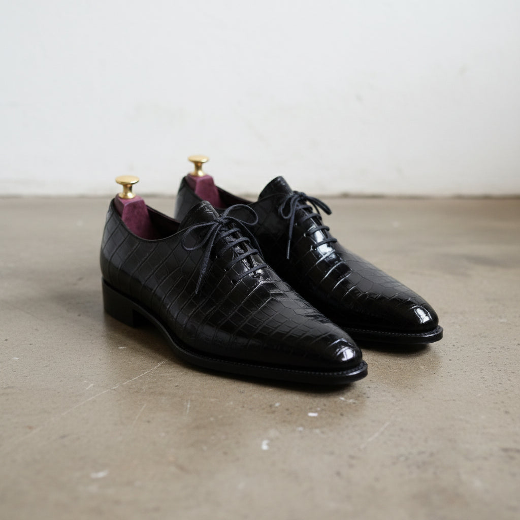 Handmade Mens Black Oxfords dress shoes, Black Crocodile Patterned shoes - angle-view-showing-depth