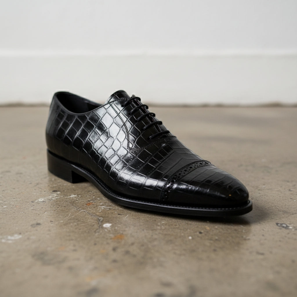 Handmade Mens Black Oxfords dress shoes, Black Crocodile Patterned shoes - detail-view-showing-texture