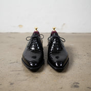 Handmade Mens Black Oxfords dress shoes, Black Crocodile Patterned shoes - front-view